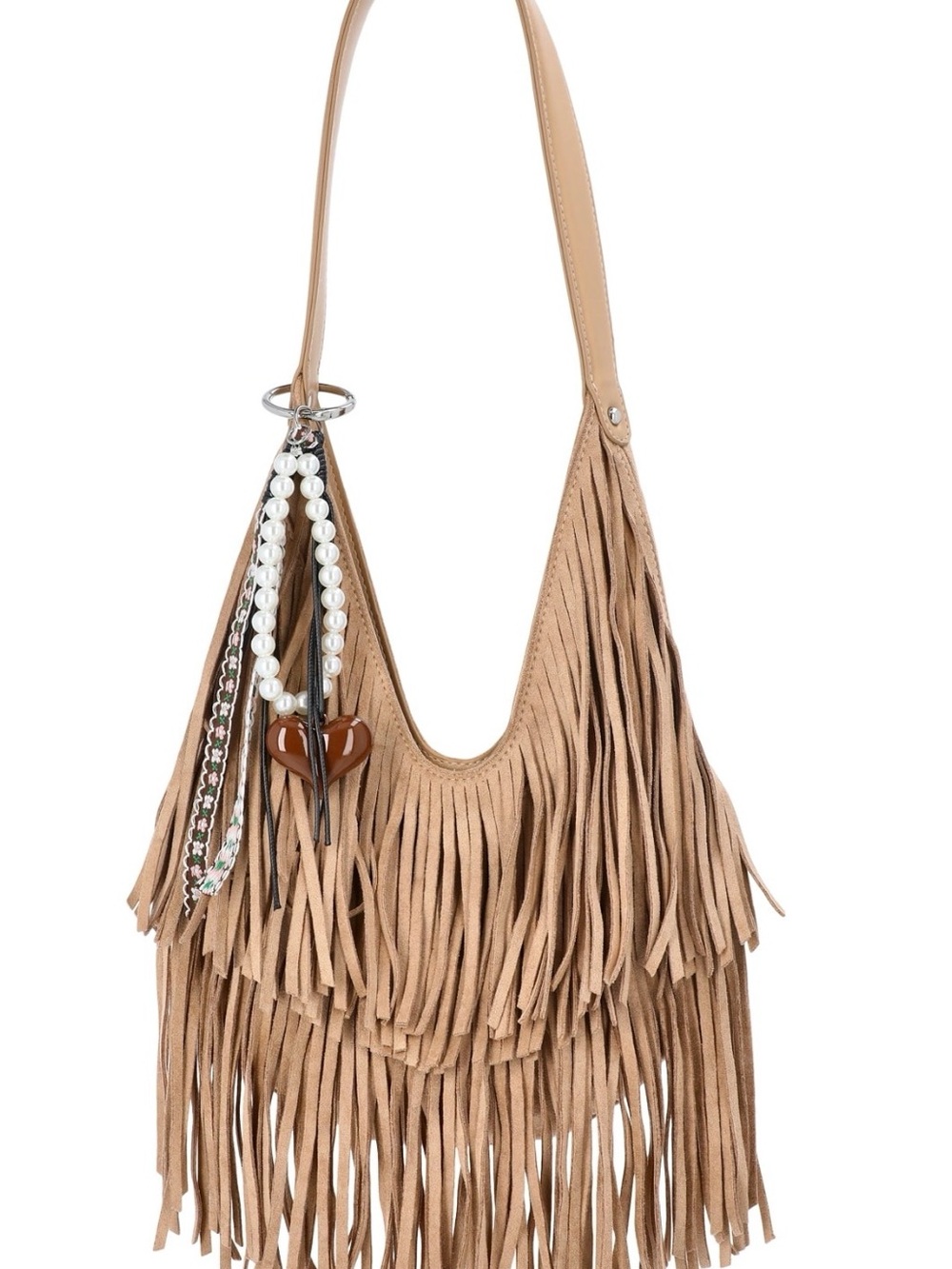 Tan Fringed Women’s Shoulder Bag with Tassel Charm